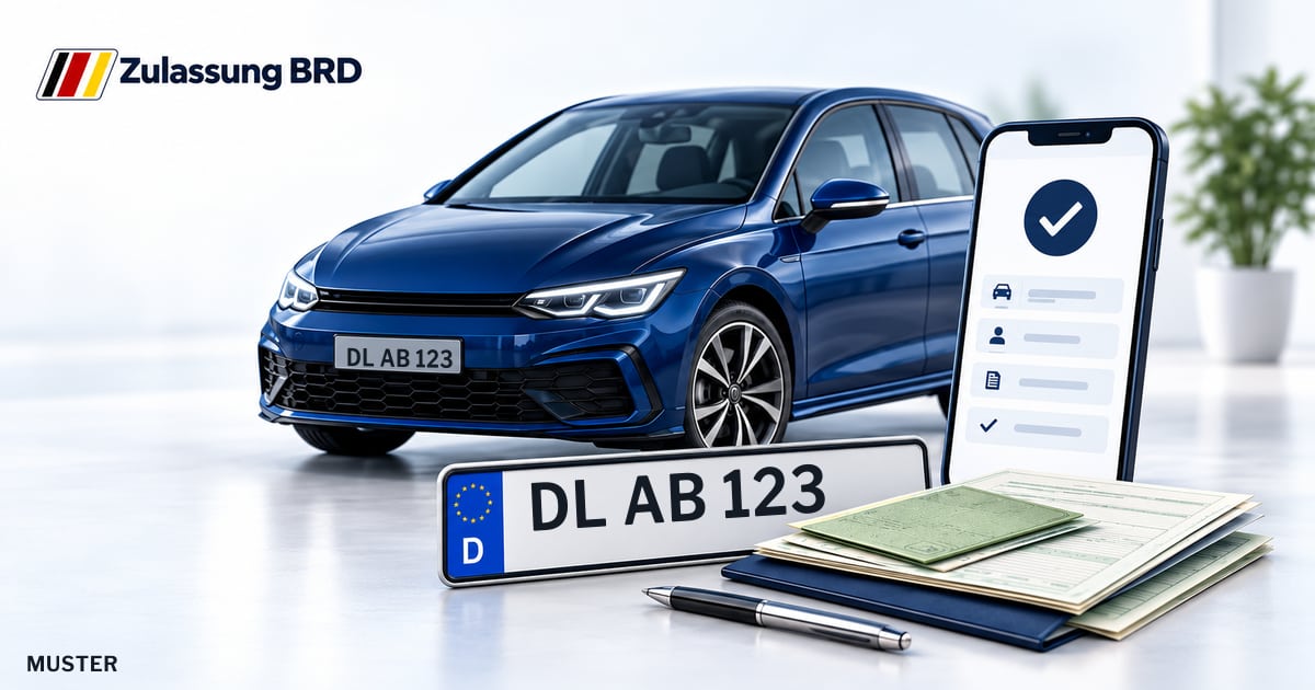 Online Fahrzeugzulassung in Freiberg: Musterkennzeichen DL AB 123, Auto und Fahrzeugpapiere und Smartphone. Illustration mit Logo von Zulassung BRD.